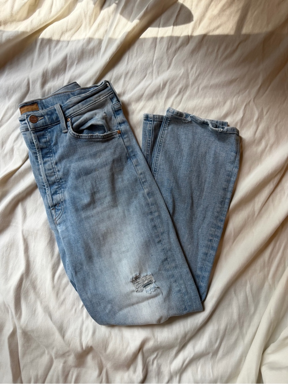 MOTHER Light Blue Straight-Leg Distressed Jeans